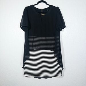 Panitti Black Overlay Striped A-Line Dress‎ Size Medium